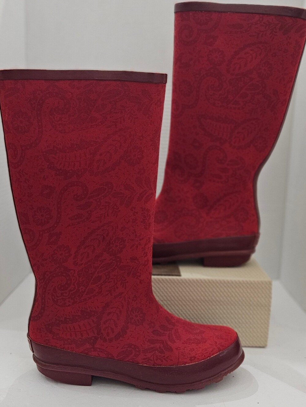 L.L. Bean Wellie Burgundy Red Paisley Rain Boots Women's Size 7 M